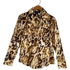Jones NY Women Size S Button Front Blouse Abstract Animal Print Classic Luxe EUC